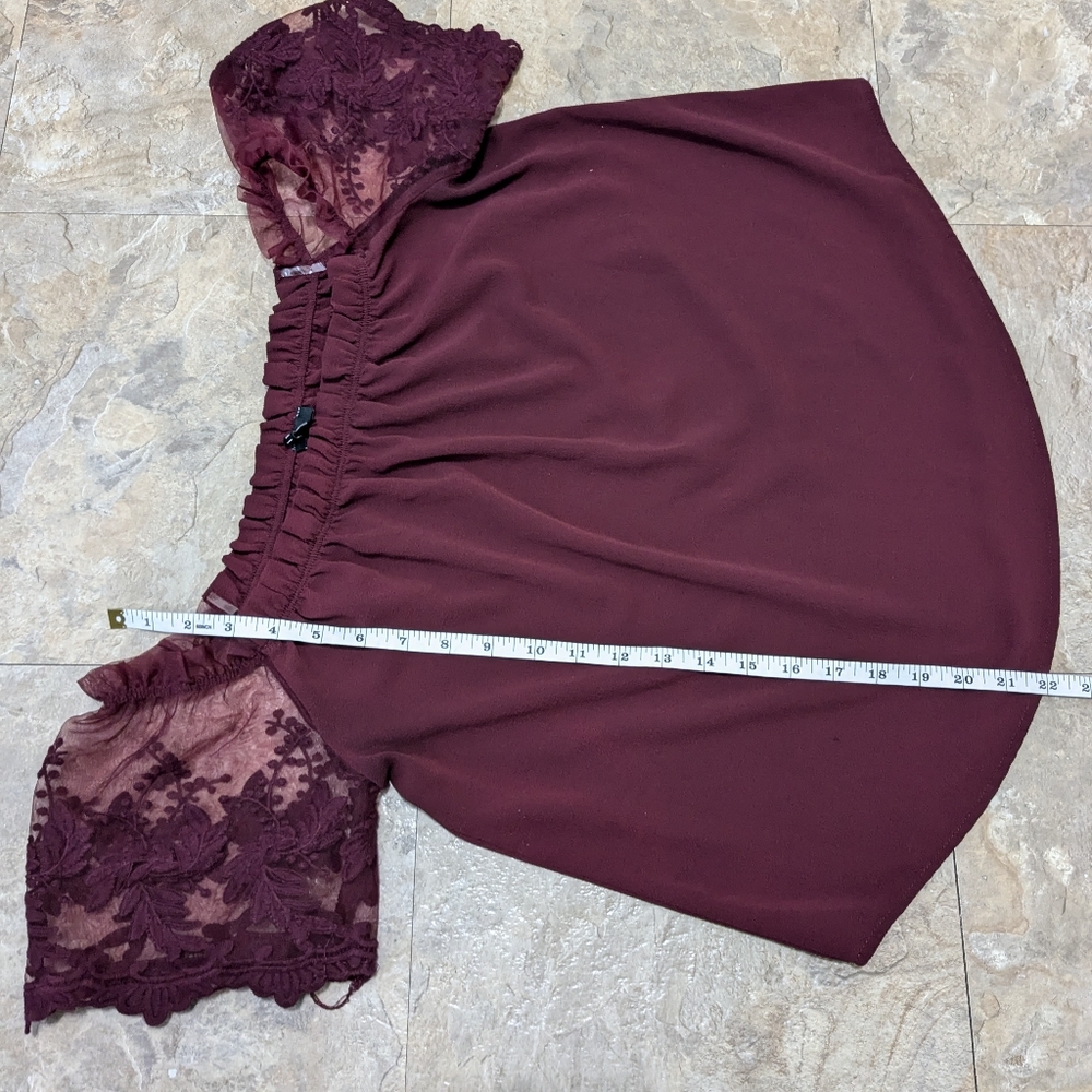Iris Medium Burgundy Sheer Floral Lace Sleeve Off the Shoulder‎ Flowy Top Blouse - Picture 9 of 9